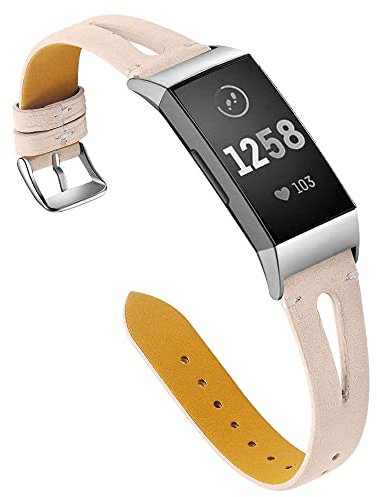 AISPORTS Kompatibel mit Fitbit Charge 3 Armband/Fitbit Charge 4 Armband Leder für Damen,Weiches Dünnes Hohles Atmungsaktives Leder Sportarmband mit Metallschnalle Ersatzarmband für Fitbit Charge 3/4