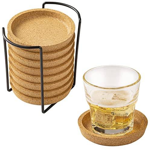 Yangbaga Untersetzer aus Kork mit Regal, 8 ST Glasuntersetzer rund Ø10cm, Korkuntersetzer für Gläser, Tassenuntersetzer, Tischschutz für Glas Trinkglasset, Tischdekoration für Kaffeetasse Teetasse