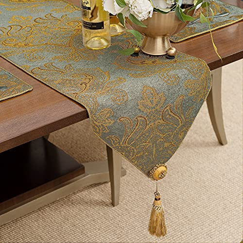 TOPLUXE Runner da Tavola in Tessuto Damascato, Decorazione per Tavolo da Pranzo/ Cucina/ Ristorante/ Banchetto/ Festa (33x228cm, Azzurro)