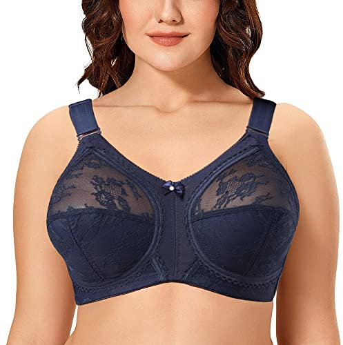 Ayigedu Women's Non Wired Non-Padded Minimizer Lace Plus Size Full Coverage Support Bra 46G Blue