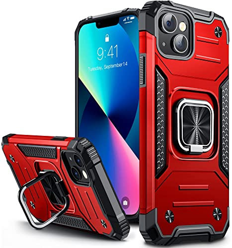 Vakoo Hülle für iPhone 14 und iPhone 13, Militär Stoßfest Handyhülle mit 360 Grad Metal Ring Halter Ständer Schutzhülle (6,1 Zoll), Rot
