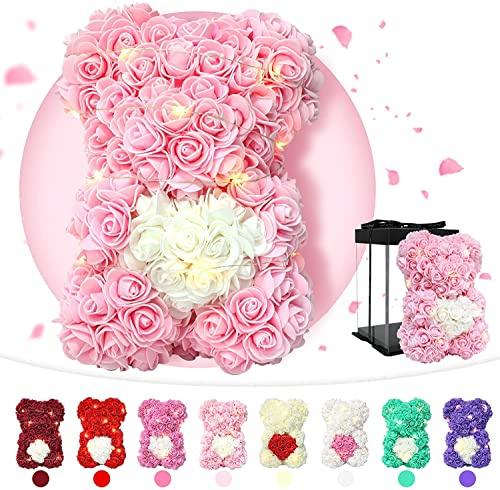 Ruiuzioong Rosen Bär Blumenbär mit Geschenkbox, Geburtstagsgeschenk für Frauen, Geschenk für Freundin zum Geburtstag Jahrestag, Rose Bear Teddybär, Geschenk Hochzeitstag (Light Pink with Led)