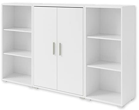 Stella Trading Office LINE Aktenregal in Weiß-Breites Standregal mit 2 Türen und 6 offenen Fächern-Modernes Büromöbel Komplettset, Holzwerkstoff, 184 x 114 x 35 cm