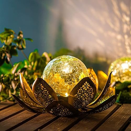 SZYDM Lampes Solaires Décor De Jardin Extérieur, Lanternes De Lotus Fissurées, Lampes Solaires en Feuille De Palmier en Métal Imperméable pour Patio, Pelouse, Cour, Conception évidée, Doré