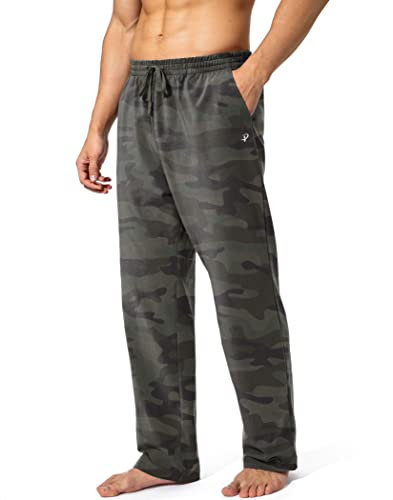 Pudolla Herren Baumwolle Yoga Sweatpants Athletic Lounge Hose Offene Unterseite Freizeit Jersey Hose für Männer mit Taschen, Grün, Camouflage, 3XL