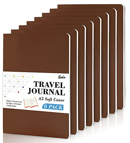 feela Notizbücher mit weichem Einband, A5, liniert, College, liniert für die Arbeit, liniertes Reisetagebuch für Damen und Herren, Notizblock, Schulbedarf, Business, Schreiben, Notizbücher, Braun, 8