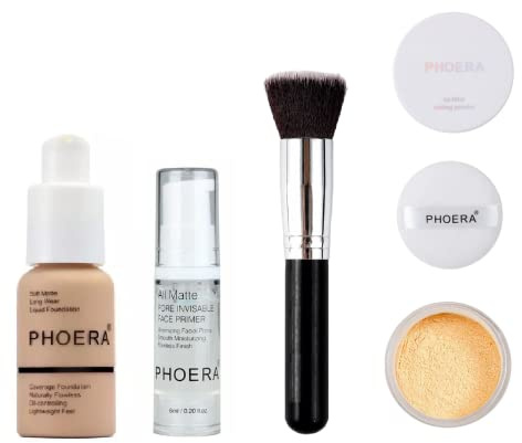 Phoera® Full Coverage Foundation, Primer, Setting Powder und MisKEEN Make-up-Pinsel, weich, matt, Oil Control Concealer, 30 ml, langanhaltende makellose Creme, glatte Aquapurity (104 Buff Beige)