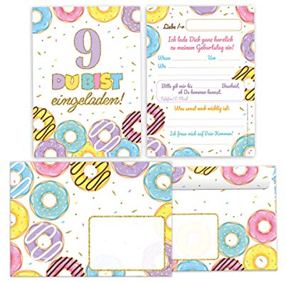 Minkocards 12 Einladungskarten incl. 12 Umschläge zum neunten Kindergeburtstag 9. Geburtstag Mädchen Donuts bunte Einladungen zum Geburtstag Kinder Einladungsset