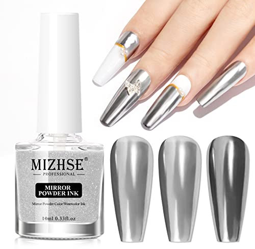 MIZHSE Silbriges Metall Powder Flüssig Nail Chrome Glitzerpuder Nagel Spiegel Pulver Mirror Powder Nagelpolitur Glitzer Pulver Chrome Pigmente für Nägel 10ml