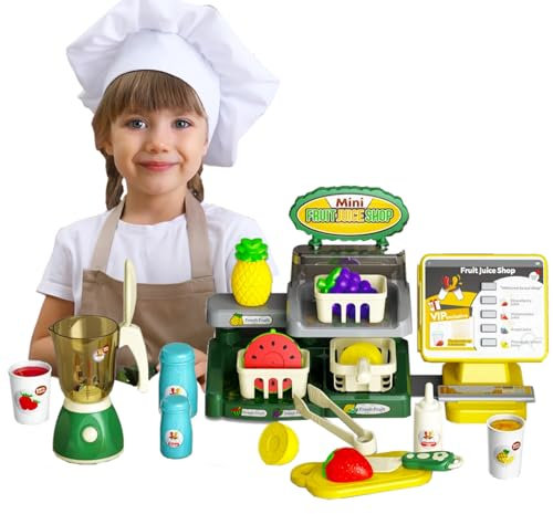 Coo11 28Pcs Cash Register Toy Set for Kids, Fruit Juice Shop Counter, Pretend Cash Register with Fruit Cutting Set, Juicer Mixer and Accessories, Suitable for Ages 3+ Years