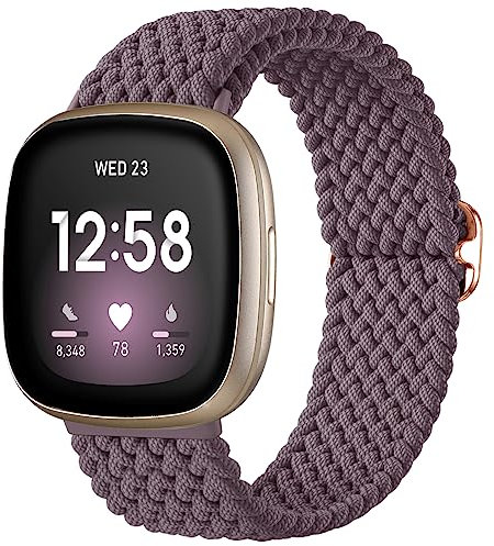 Ouwegaga Cinturino Elastico Compatibile con Fitbit Versa 4/Sense 2/Versa 3/Sense per Donna Uomo, Regolabile Intrecciato Sportivo Cinturino Loop Cinturino Ricambio in Tessuto per Versa 3, Fumo Viola