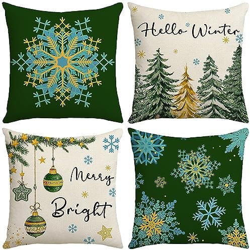 Qelus 4 er Kissenbezug Weihnachten, Weihnachten Kissenbezüge 45x45 cm, Schneeflocke Weihnachtsbaum Grün Muster Kissenhülle Leinenoptik Weihnachtskissenbezug für Wohnzimmer Schlafzimmer Sofa Deko