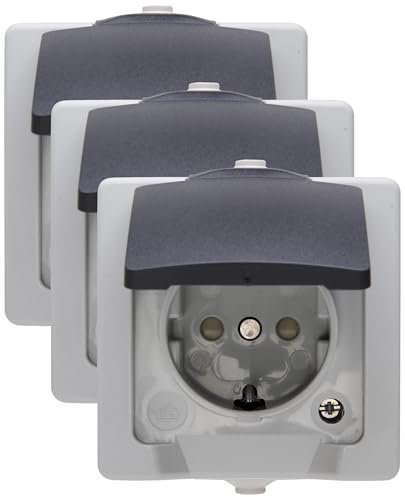 Kopp Nautic 1-fach Schutzkontakt-Steckdose mit Klappdeckel und erhöhtem Berührungsschutz, Aufputz-Feuchtraum, 16A, 250V/AC, IP44, grau, 107856005 (Packung mit 3)