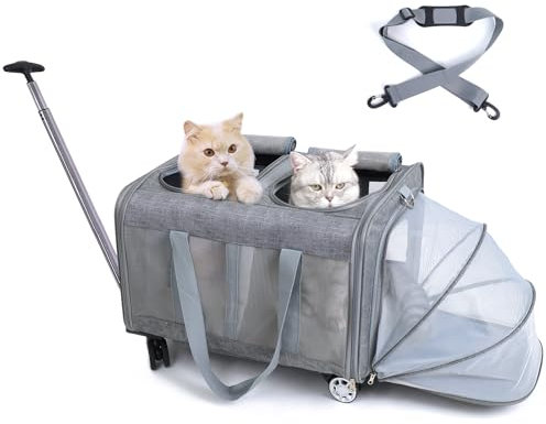 MR.BLACAT Katzen Trolley für 2 Katzen – Transportboxen Katze mit Rollen für Zwei Tiere - Transporttasche mit Rollen & Abnehmbarem Untergestell, Ideal für Reisen, Tierarzt & Camping (55x44x33cm)