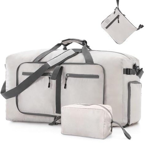 Vomgomfom 65L Faltbare Reisetasche, Große Sporttasche mit extra Kulturbeutel, Unisex, Beige