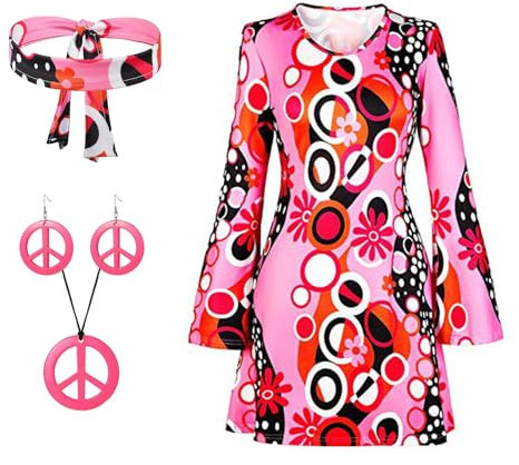 MFCGHXR Set costume da donna anni '70 da 5 pezzi - Costume di Halloween Abito da donna con maniche a campana (taglia L) Fascia per capelli, orecchini, collana, occhiali da sole