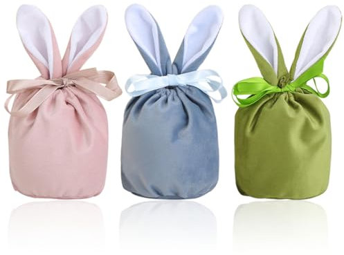 Zaloife Ostertasche, 3 Pack Samt Säckchen mit Ohren, Osternester zum Befüllen, Osterbeutel Stoff, Osterkörbchen zum Befüllen, Ostern Taschen für Kinder Süßigkeiten Geschenken Partyzubehör