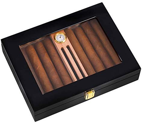 NEWNAN Zigarren-Humidor, Tischbox für Zigarren aus Zedernholz mit Luftbefeuchter und Hygrometer, Glasplatte für 15 (10–15 Zigarren)