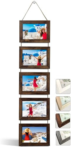 NEOWS Bilderrahmen Collage für Mehrere Bilder - Dekorative Bilderrahmenset zum Aufhängen an der Wand - Mehrfach Fotorahmen Hochformat mit Schnur für 10x15 Fotos (Altes Holz, 5 Horizontale Fotos)
