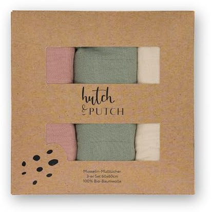 hutch&putch 3er Set Mulltuch einfarbig 100% Bio-Baumwolle 60x60cm - Pucktuch Baby - Musselin Wickeltuch - Kuscheltuch - Geschenk zur Geburt (Rosa/Salbeigrün/Cremeweiß)