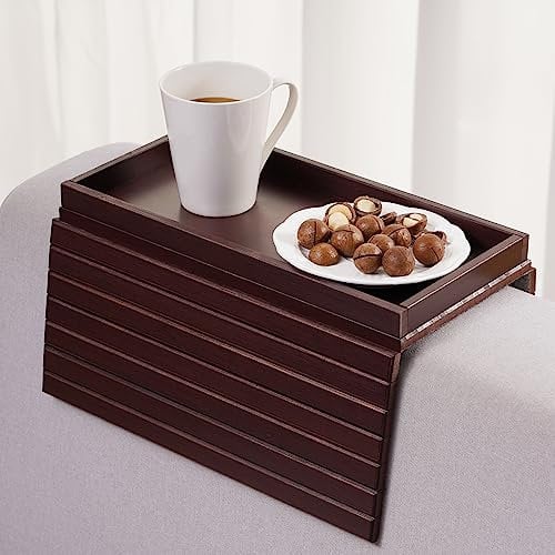 GEHE Sofa Tray Bamboo Sofa Arm Table Couch Tray Wooden Sofa Armrest Side Table, Armchair Table for Snacks, Phone, Control, Cups, Flexible & Foldable, Mahogany