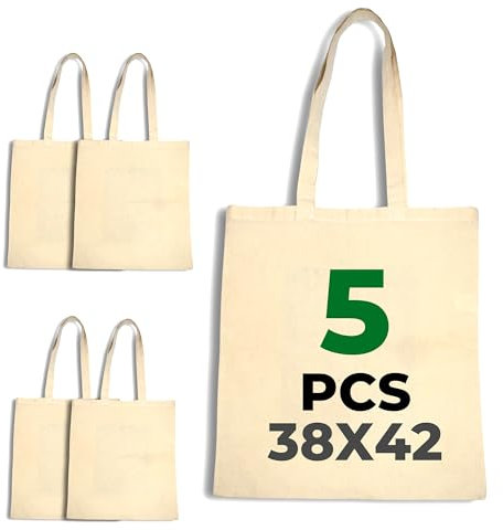 LYRVON 5er | 10er Pack PREMIUM Baumwolltasche 38 x 42 cm, Stofftaschen zum bemalen oder Besticken, Stoffbeutel mit Langen Henkeln, Unbedruckt (5, Beige)