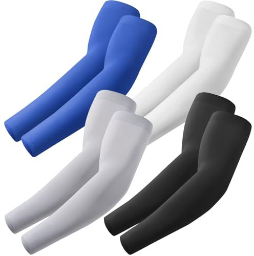 ROXUN Mangas de brazo, protección solar UV refrescante, compresión deportiva para hombres y mujeres, 4 pares: negro, blanco, gris claro y azul, talla única