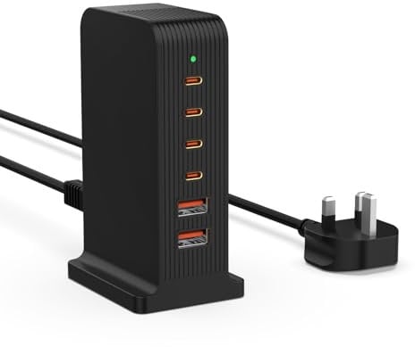 LEENFAER USB C Charger 6 Port,55W Multiport USB Tower Fast Charging Station for Travel, tablet, mobile phone, fan, humidifier(black)