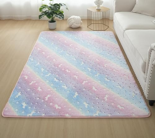 GGBOND Tapis lumineux phosphorescent arc-en-ciel avec étoiles et poney en peluche courte, doux et confortable, 60 x 120 cm