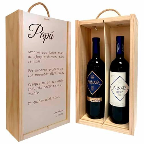 Adri - Regalos personalizados originales para padres, madres, hermanos, abuelos - Caja de madera personalizada con botellas de vinos incluidas (FRASE PAPA)
