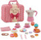 Kids Tea Picnic Toy with Woven Basket, Pretend Play Food Sets for Children, Mini Tea Party Set, Gifts for 3-5 Years Toddler Girls & Boys (Pink)