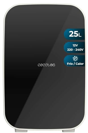 Cecotec Nevera Pequeña de 25 l, Bolero MiniCooling Bahamas Black, 12V-220V, Compatible con Coches y Caravanas, 7 a 65°C, Función Enfriamiento y Calentamiento, Transporte Fácil