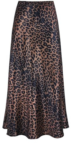 Outoshe Women's Satin High Waisted Maxi Skirts Hidden Elasticized Waistband A Line Long Skirt, Leopard Brown02, S