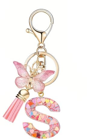 Porte-clés Papillon, Porte-clés Rose, Porte-clés Papillon, Porte-clés Rose avec pendentif Lettre S, Cadeau Initiales, Cadeau Femme