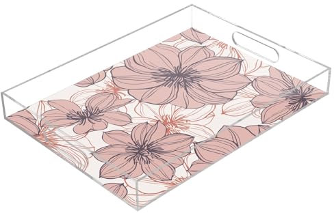 Bandejas acrílicas transparentes para servir con asas de 12 x 16 pulgadas, bandeja decorativa de acrílico floral, flores grandes, líneas gráficas, bandejas transparentes a prueba de derrames para
