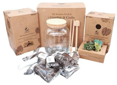 Kit de terrarium para plantas suculentas, los jardines de Giulia, incluye maceta de cristal, tapón de corcho, plantas suculentas, accesorios, sustratos y elementos decorativos - Fácil de montar