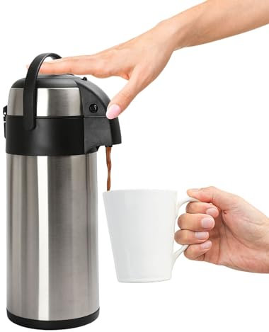 Airport Vacuum Thermos Jug, Attractive Brushed Stainless-Steel Exterior with Black Trim, Stainless Inner Lining, Anti Spill/Leak Mechanism - Ideal for Catering, Conferences, Outdoor Events (5L)