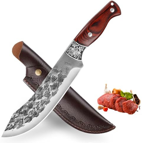 Fubinaty Chef’s Knife 7 Inch Handmade Forged Kitchen Knives Full Tang High Carbon Steel Cooking Knife Wooden Handle Meat and Vegetables Knife with Sheath for Home and Grill