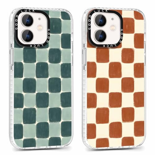 Phoona 2 packs Phone Case for iPhone 12 mini 5,4'', Cute Clear Transparent Cover with Checkered Pattern Aesthetics Design, Soft Shockproof Protective Bumper Slim Funda for Women Girls
