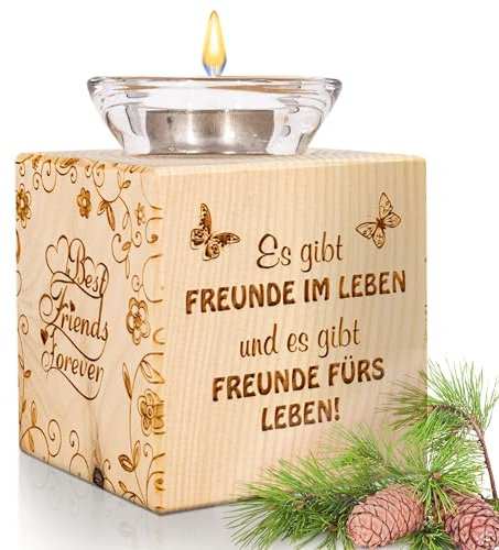 sagl.tirol® Teelichthalter aus Zirbenholz, Best Friends Forever, Freundschaftslicht mit Gravur, handgefertigt, inkl. Glas & Teelicht, Geschenk für Freunde & Deko, Es gibt Freunde...