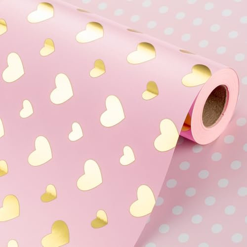 Wikadlik Gold Shine - Carta da regalo a forma di cuore, reversibile, motivo a pois rosa, per San Valentino, matrimonio, compleanno, addio al nubilato, 43 cm x 10 m