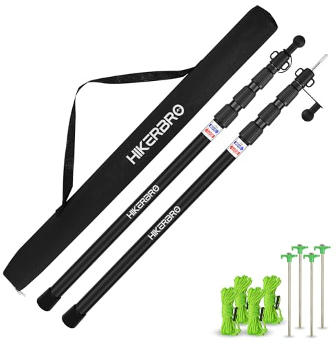 HIKERBRO Planenstangen, Teleskop-Zeltstange, 2 Stück, 2,3 m, Aluminium, leicht, tragbar, mit Schutzkappe, für Camping, Markise, Sonnenschutz, Regenfliege, kostenlose Spannseile und Heringe (2 Stangen)