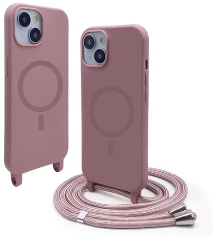 VAVAVOOMY Handykette Hülle für iPhone 15(6.1) mit Band Halsband Lanyard (abnehmbar) Handyhülle, Verstellbarer Lanyard.Magnetisch Stoßfest Silikonhülle Wireless Charging kompatibel .-Rosa