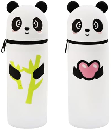 Pilikoll 2 Stück Kawaii Federmäppchen Panda 2 in 1 Silikon Federmäppchen Stand Up federmäppchens Mäppchen Niedlicher Pandas Silikontasche Mäppchen Panda für Kinder, Erwachsene, Schule, Büro, Reisen