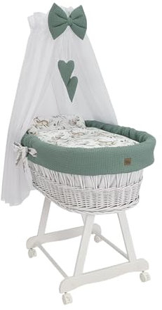 Wiklinopol Stubenwagen aus Weide mit Baldachin und Gestell Lena – Moseskorb in Weiß, Komplettset mit 5-TLG. Waffel-Bettwäsche Rehkitz Khaki – Mit Rollen, Tragbar, Sicher