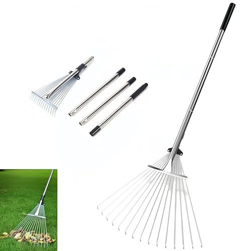 Rastrillo de jardín para hojas, rastrillo de hojas ajustable de metal resistente para césped, mango largo de 85-175 cm con cabeza expandible de 17-37 cm, herramientas de jardín para patio, césped