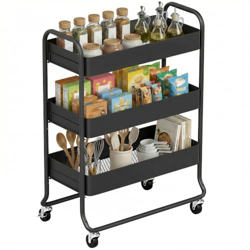 HOMCOM Küchenwagen, Servierwagen, 3 Ebenen, 64,5x34x87cm Schwarz | Küchenregal mit Rollen, Bremsen, Aufbewahrungswagen aus Metall, für Küche Bad Büro Wohnzimmer