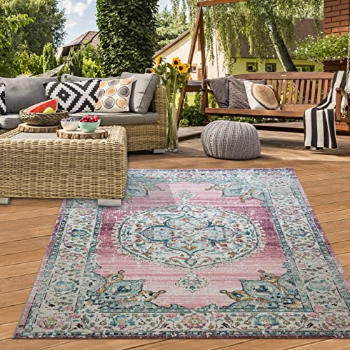 Teppich-Traum In- & Outdoor Teppich Vintage Blumen Rosa Ø 120 cm | Pflegeleicht, schmutzabweisend, farbecht und strapazierfähig, allergikergeeignet, für Balkon, Terrasse, Garten und Pavillon