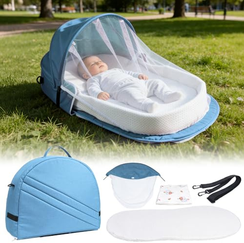 Verdego Reisebett Baby 34x84x10cm, Baby Reisebett 2 in 1 Klappbarer, Kinderreisebett mit Moskitonetze, Matratzen, Wickeltuch, Portable, Atmungsaktives, Travel Krippe für Reisen & Zuhause(Blau)