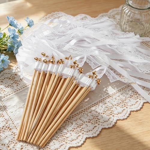 50 Stück Wedding Wands Romantic, Zauberstäbe Bänder Hochzeit Luftschlangen Hochzeit Stäbe mit Glöckchen, Seidenfeenstab für Hochzeiten Geburtstage Weihnachten Partys andere Feiertagsfeiern